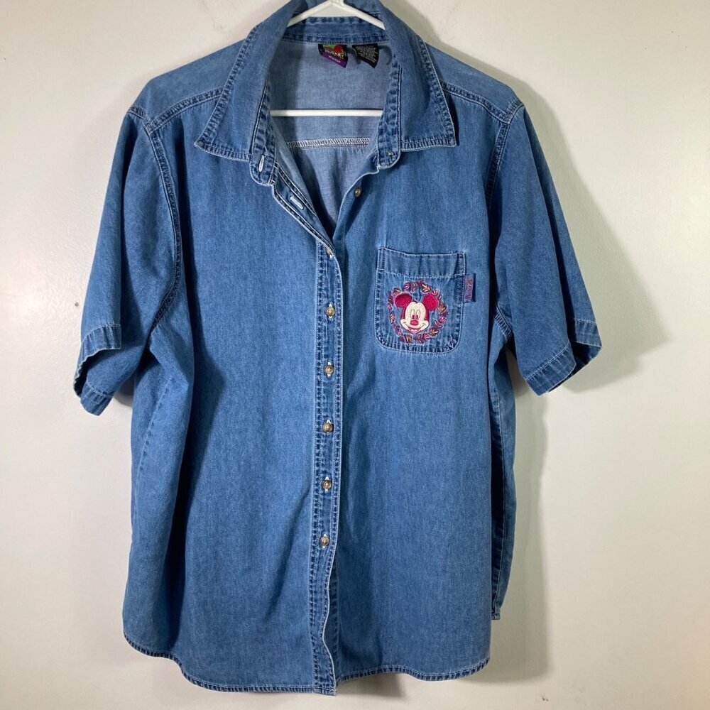 Womens Vintage Mickey Unlimited Denim Shirt Mickey Mouse Blue Pink 22W/24W